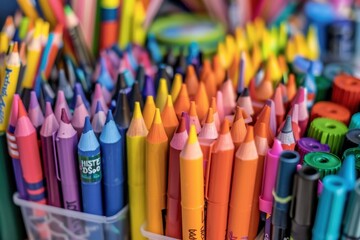 A close-up of colorful school supplies like crayons, markers, scissors, and glue sticks arranged on a table.