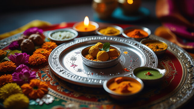 A beautifully decorated puja thali filled with offerings for the Dussehra puja