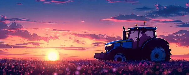 Fototapeta premium Silhouette of a tractor in a field with the sun rising, digital illustration, vibrant colors, high detail