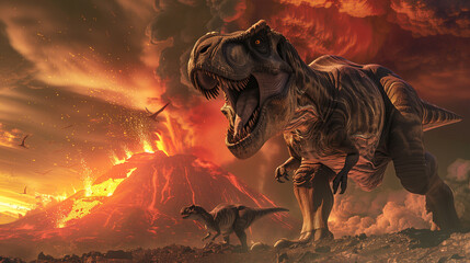 Tyrannosaurus rex dinosaurs family fleeing from an erupting volcano