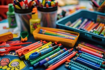 A close-up of colorful school supplies like crayons, markers, scissors, and glue sticks arranged on a table.
