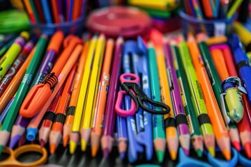A close-up of colorful school supplies like crayons, markers, scissors, and glue sticks arranged on a table.