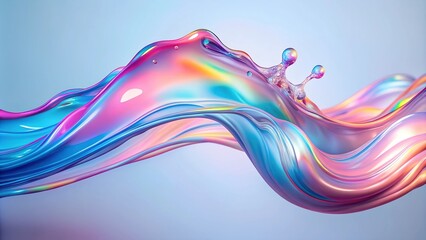 Abstract, colorful liquid splashes with a holographic iridescent glow. Ideal for modern designs, backgrounds and digital art themes. Rainbow iridescent liquid in motion