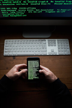 Phone, programmer hands and data screen with software for hacking crime or cyber security, download or virus. Hacker, programming and thief with digital code for online glitch with web banking