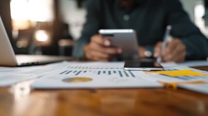 Professional analyzing financial documents with a tablet and charts. Concept of business strategy, planning and finance.