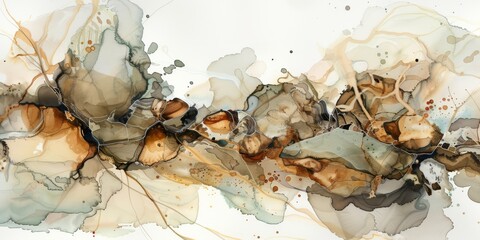 Sophisticated artwork with intricate shapes, dynamic flow, earthy tones, creating harmonious, elegant composition