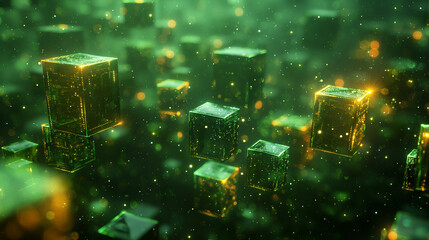 futuristic glass blockchain cubes conected in a network in outerspace with stars yellow-green palatiante blue.