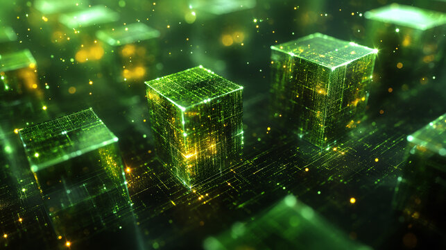 futuristic glass blockchain cubes conected in a network in outerspace with stars yellow-green palatiante blue.