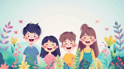 Illustration of four happy children in a colorful flower garden, surrounded by vibrant plants and butterflies.
