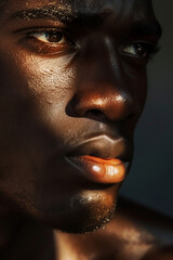 Obraz premium Black beauty male man model close up detail portrait, glowing smooth skin care texture, hydration and moisture.