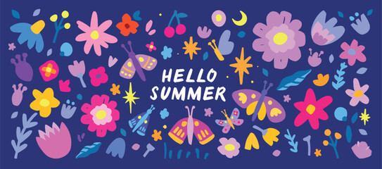 Hello summer vector hand drawn wild flower background with moth. Naive optimism trendy style . Dopamine design. Fields flower set
