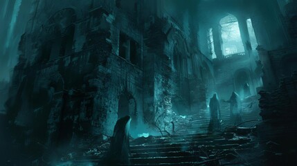 A chilling haunting in an unfinished structure, ghostly figures emerging from the shadows, Horror, Digital Art, Dark Tones, High Detail