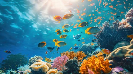 Fototapeta premium Vibrant Coral Reef Teeming with Diverse Marine Biodiversity in Crystal Clear Waters