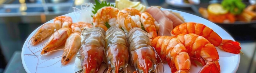 A plate of fresh seafood featuring shrimp and prawns, beautifully arranged for a gourmet dining experience.