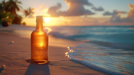 tropical beach a small bottle standing up in the sand with the ocean bright with orange skies as and clear blue water background. hyper realistic and make colours pop also show a palm tree and coconut