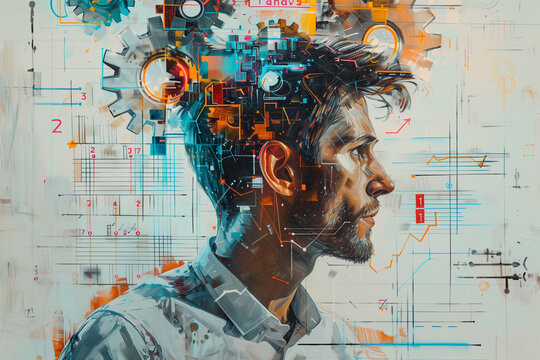 Portrait d'un ing&eacute;nieur : un visage d'homme avec des engrenages symbolisant les id&eacute;es et la pens&eacute;e math&eacute;matique : peinture minimaliste g&eacute;om&eacute;trique color&eacute;e pour entreprise industrie, architecture, BTP