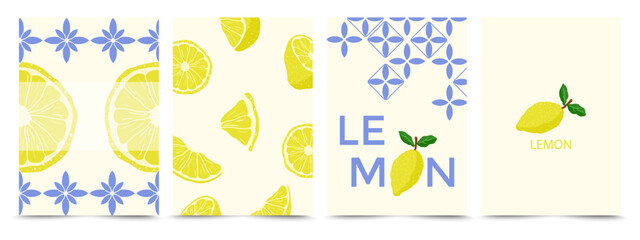 Lemon themed graphic designs with blue patterns of floral tiles on a light background. Vector naive illustration of whole lemon, slice of lemon for background, card, invitation or poster a4.
