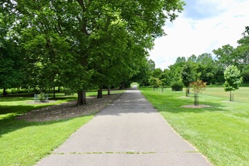 The long empty pathway in the park on a sunny day.