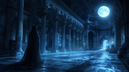 Fototapeta premium A spectral phantom drifting through the grand halls of an ancient palace, moonlight casting eerie shadows, Gothic, Digital Art, Cool Tones, High Detail