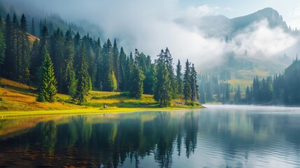 Fototapeta premium clear and calm lake with forests and mountains