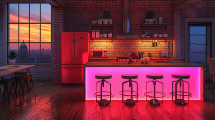 High-resolution tablet display featuring a hyper-graphic styled kitchen interior, with sleek, modern elements and bold visual effects, emphasizing the digital approach to home design 