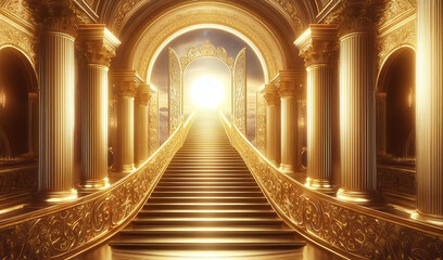 A golden staircase leading to a bright light in the sky