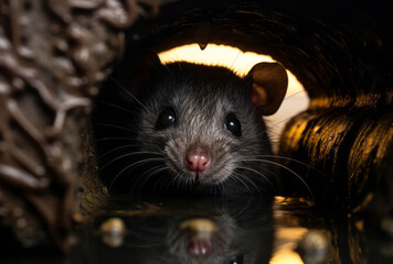 In an outdoor sewer, a small rat looks out from a tube, with an intricate and dark style.