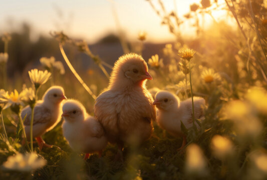 Nature-inspired imagery depicts chickens, broilers, and chicks walking through the grass in golden light.