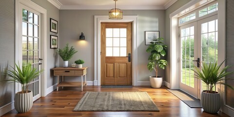 Fototapeta premium A welcoming entrance to a cozy home , door, house, entryway, front porch, steps, pathway, exterior