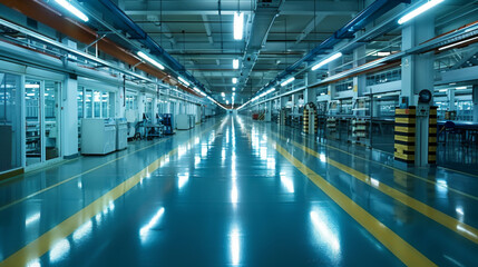 A spacious and clean industrial factory interior with bright overhead lighting, showcasing advanced manufacturing and modern facilities.