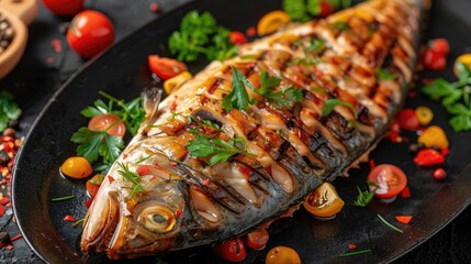 Delicious grilled whole fish garnished with fresh herbs and colorful cherry tomatoes on a black plate.
