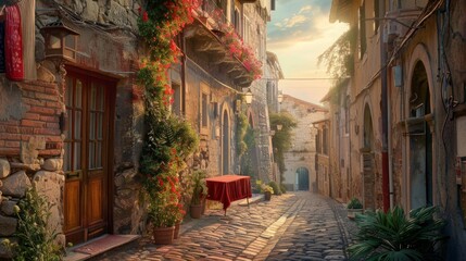 Idyllic narrow cobblestone street in charming old European village at sunrise. Serene morning light on rustic buildings with ivy and flowers. Perfect for travel, history and culture themes. AI