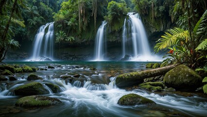 Fototapeta premium Tropical Rainforest Waterfall with Moss-Covered Rocks and Lush Vegetation
