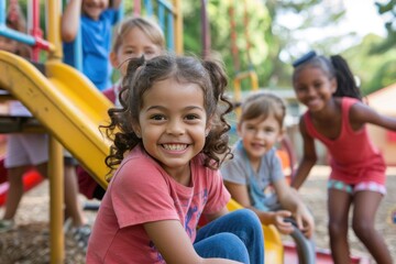 A diverse group of children playing on the school playground, with slides, swings, and laughter all around