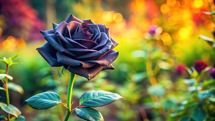 Mysterious black rose standing out in a vibrant garden, black, rose, flower, garden, mysterious, unique, contrast, dark, beauty