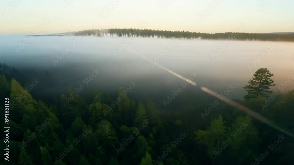Poster A forest with foggy trees and a cloudy sky. The trees are tall and green, and the sky is a mix of blue and gray. Scene is calm and peaceful, with the fog adding a sense of mystery