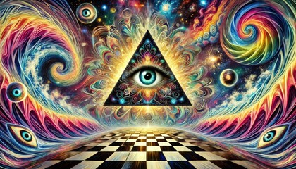 A large, colorful eye inside a triangle is floating above a checkered floor, surrounded by colorful swirls and stars