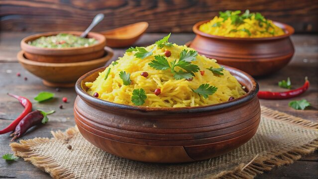 Vibrant yellow semiya upma, garnished with fresh cilantro, sits in a rustic earthen bowl on a ceramic-tiled traditional background.