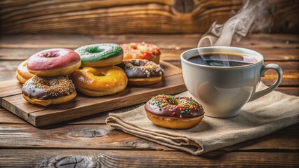 Vibrant morning scene featuring a steaming cup of hot coffee and assorted colorful doughnuts on a rustic wooden caf? table alongside newspaper.