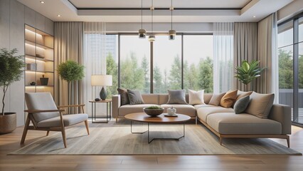 Fototapeta premium Sleek, contemporary living space featuring neutral hues, minimalist decor, and elegant furniture, bathed in soft, calming natural light.