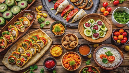 Fototapeta premium A vibrant, colorful collage of various international cuisines, including sushi, pizza, tacos, and curry, arranged on a rustic wooden table.