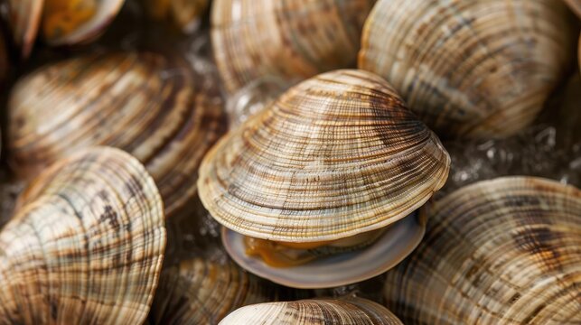 A close-up image of fresh clams with intricate shell patterns, perfect for seafood or marine life themed visuals and designs.