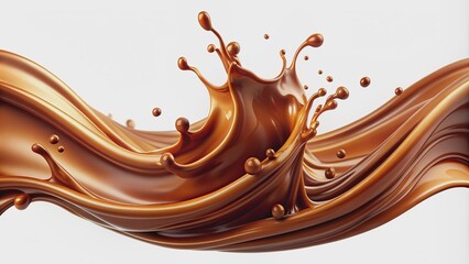 Rich, velvety, golden chocolate wave splashes and splatters in mid-air, frozen in motion on pristine white or transparent background.