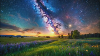 Serene starry night sky with glowing milky way galaxy illuminates a vast empty field with subtle mist and rolling hills.