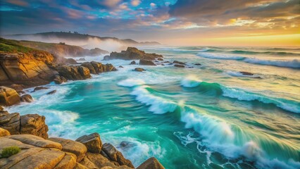 Serenity of turquoise ocean waves gently lapping against rugged rocky shoreline with misty fog rolling in at dawn.