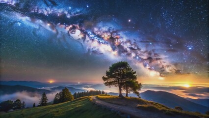 Fototapeta premium Celestial vastness unfolds behind a majestic hill, adorned with wispy trees, as the Milky Way's ethereal glow illuminates the starry night sky.
