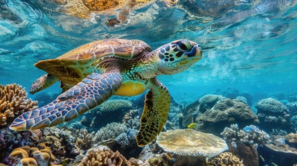 Fototapeta premium Majestic Sea Turtle Gliding Through Colorful Coral Reef