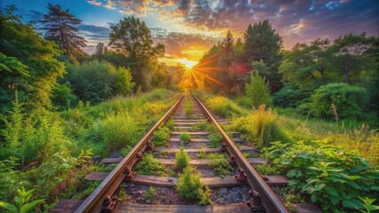 Naklejka premium Vibrant sunrise illuminates overgrown tracks and rusty rails of an abandoned railway, surrounded by lush greenery on a warm summer morning.