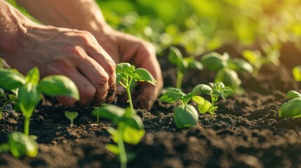 The hands planting seedlings