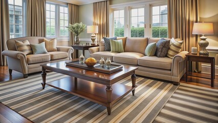 Fototapeta premium Elegant living room with striped accent coffee table, luxurious rug, and refined decor exudes sophistication and style in perfect harmony.